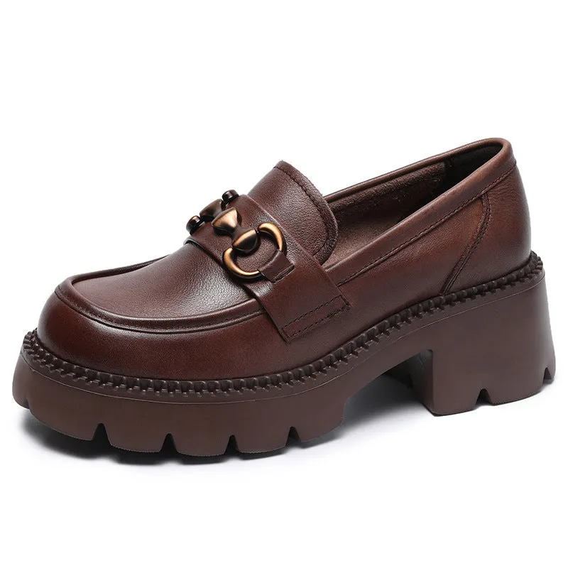 Women Retro Soft Leather Chunky Heel Loafers