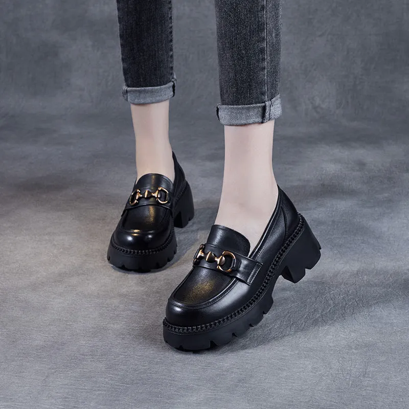 Women Retro Soft Leather Chunky Heel Loafers