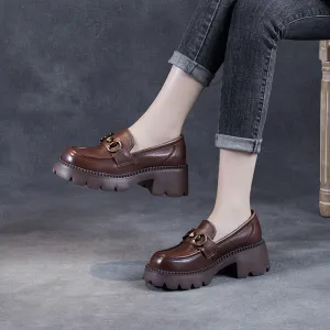 Women Retro Soft Leather Chunky Heel Loafers
