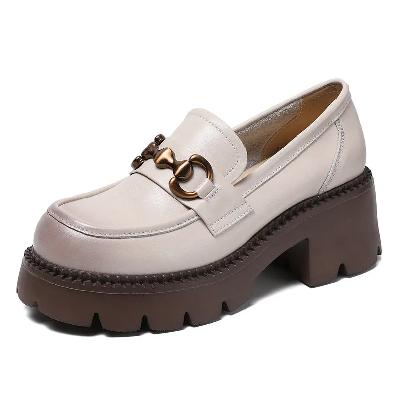 Women Retro Soft Leather Chunky Heel Loafers