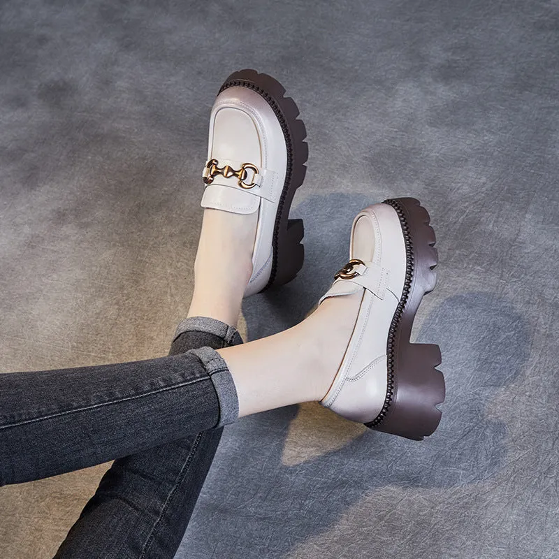 Women Retro Soft Leather Chunky Heel Loafers