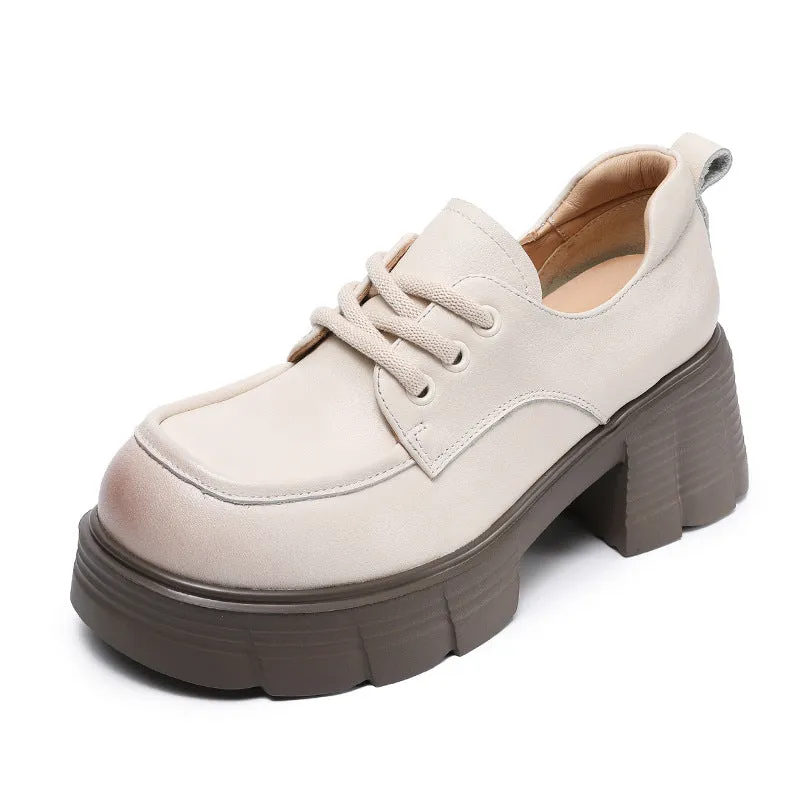 Women Retro Solid Leather Chunky Heel Loafers