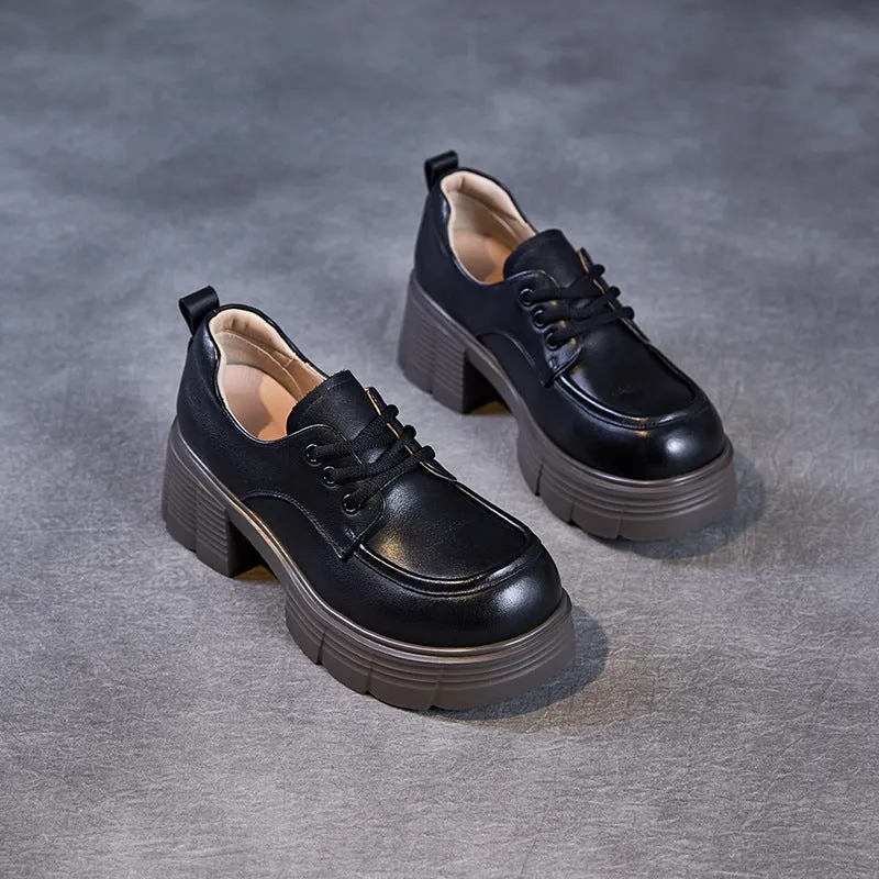 Women Retro Solid Leather Chunky Heel Loafers