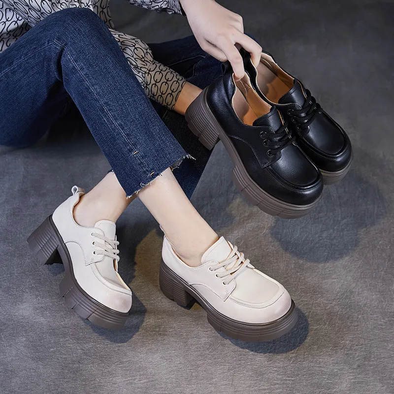 Women Retro Solid Leather Chunky Heel Loafers