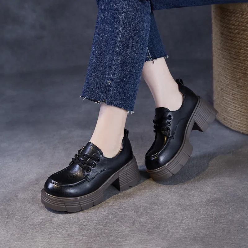 Women Retro Solid Leather Chunky Heel Loafers