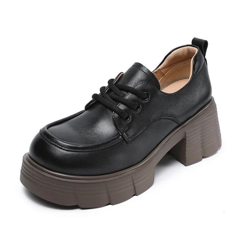 Women Retro Solid Leather Chunky Heel Loafers