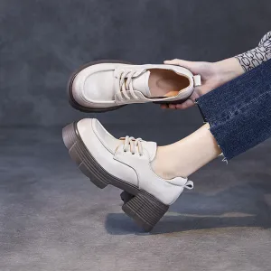 Women Retro Solid Leather Chunky Heel Loafers