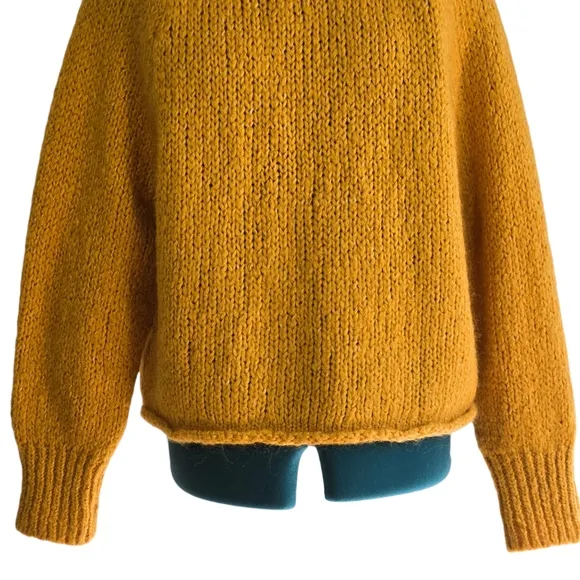 Zara Chunky Knit Sweater Round Neck Marigold Mustard Rolled Hem Mohair Wool