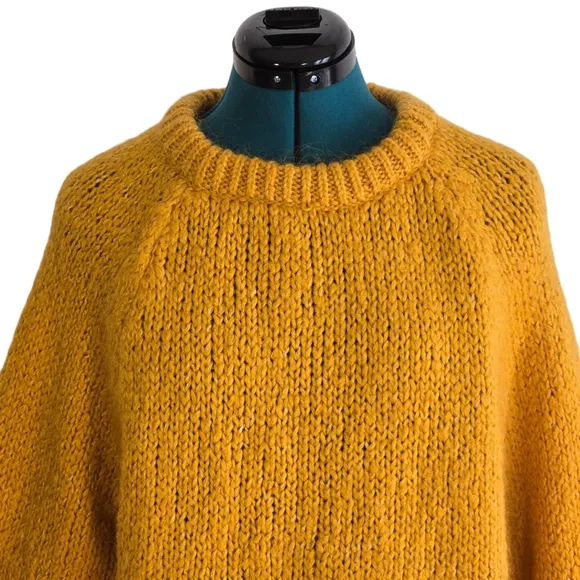 Zara Chunky Knit Sweater Round Neck Marigold Mustard Rolled Hem Mohair Wool