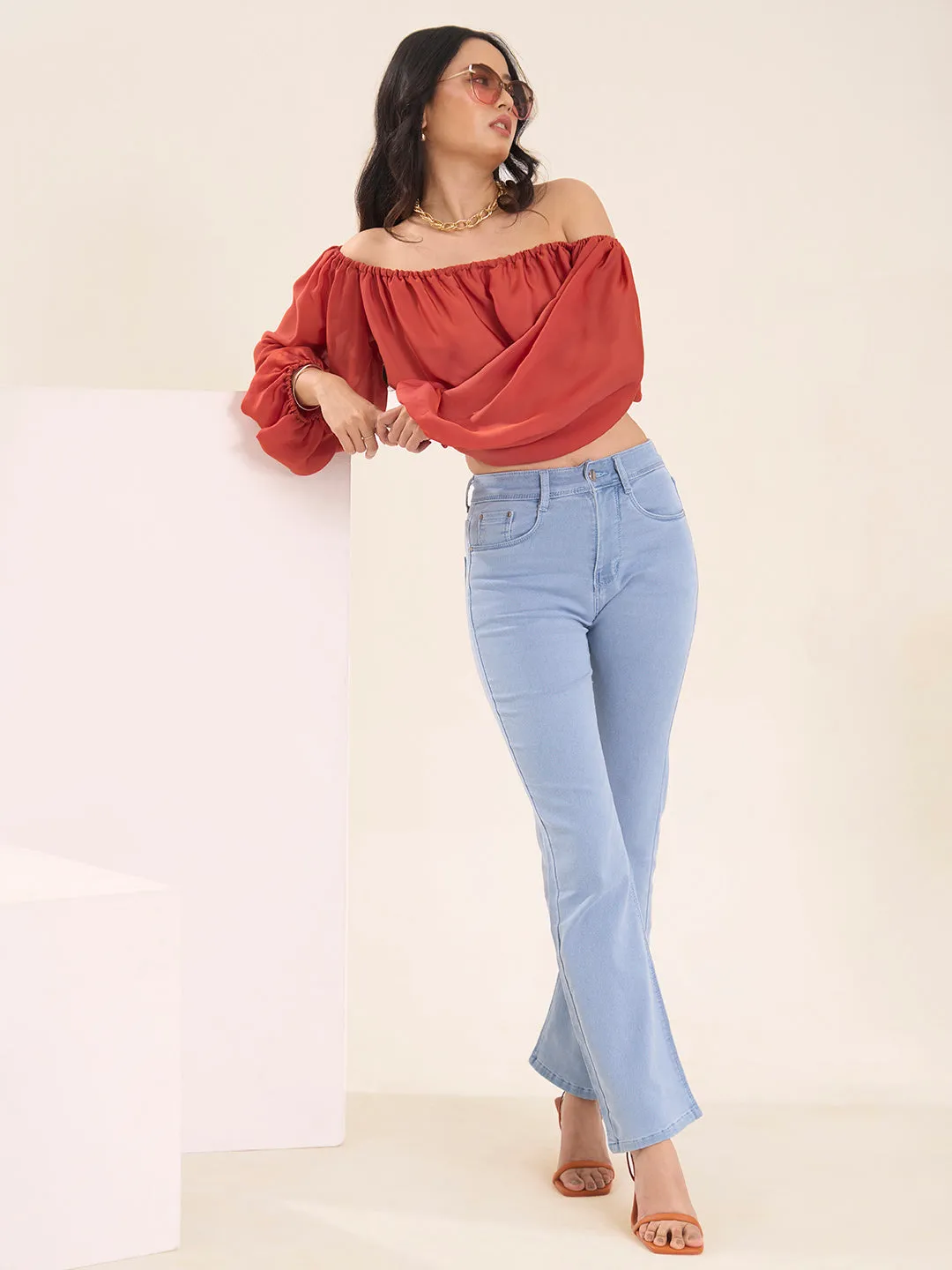 ZOLA Exclusive Denim Clean Look Stretchable Frayed Hems Ice Blue Boot Cut Jeans For Women