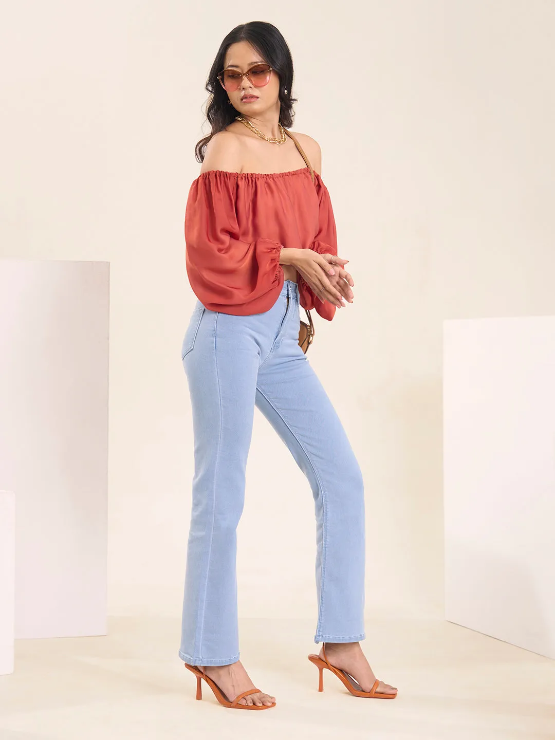 ZOLA Exclusive Denim Clean Look Stretchable Frayed Hems Ice Blue Boot Cut Jeans For Women