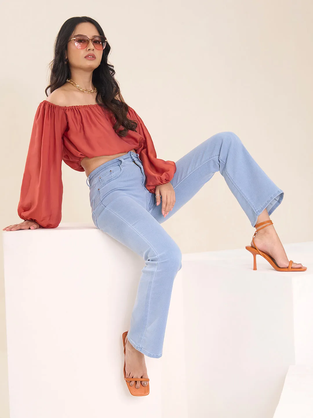 ZOLA Exclusive Denim Clean Look Stretchable Frayed Hems Ice Blue Boot Cut Jeans For Women