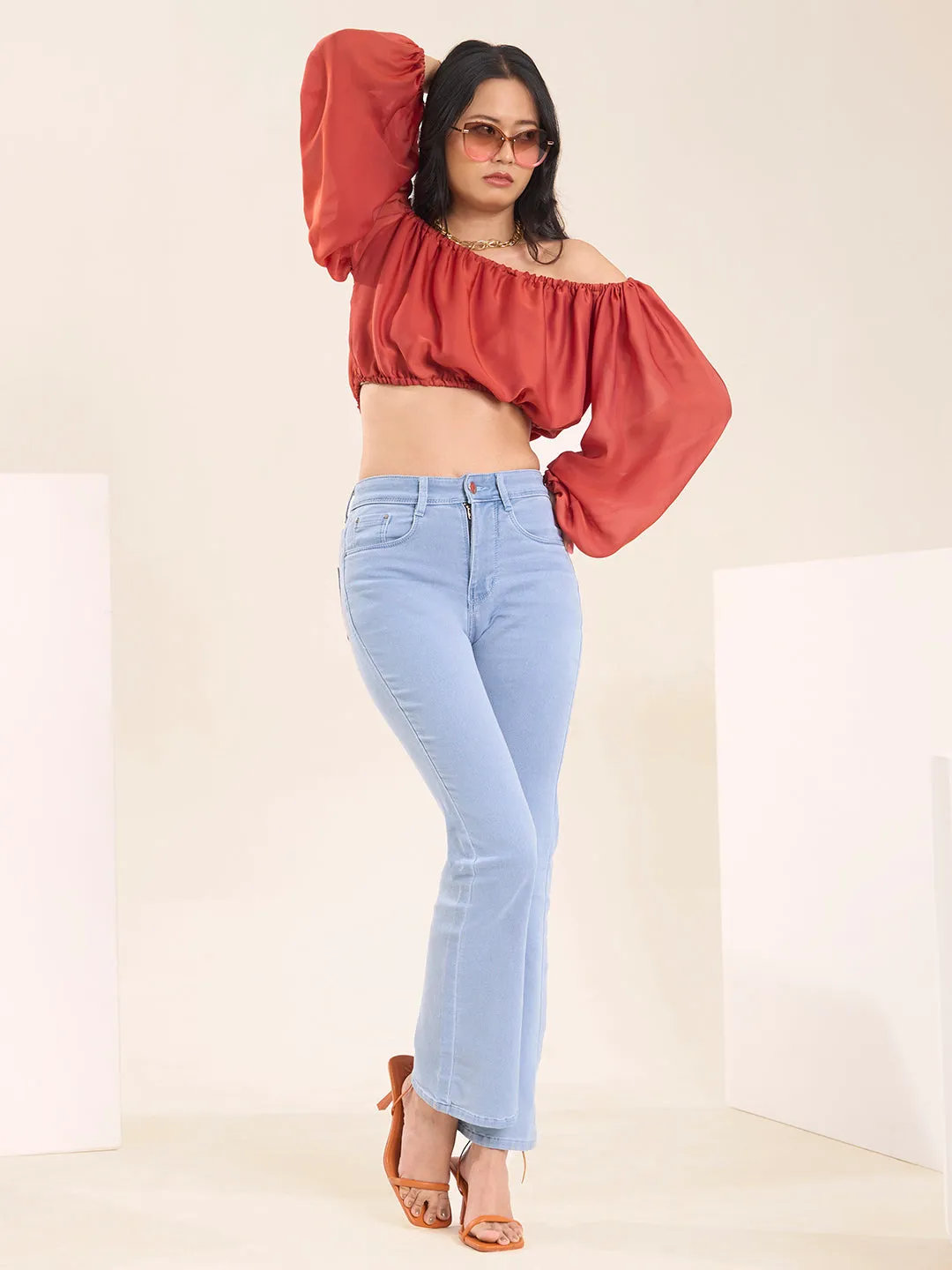 ZOLA Exclusive Denim Clean Look Stretchable Frayed Hems Ice Blue Boot Cut Jeans For Women